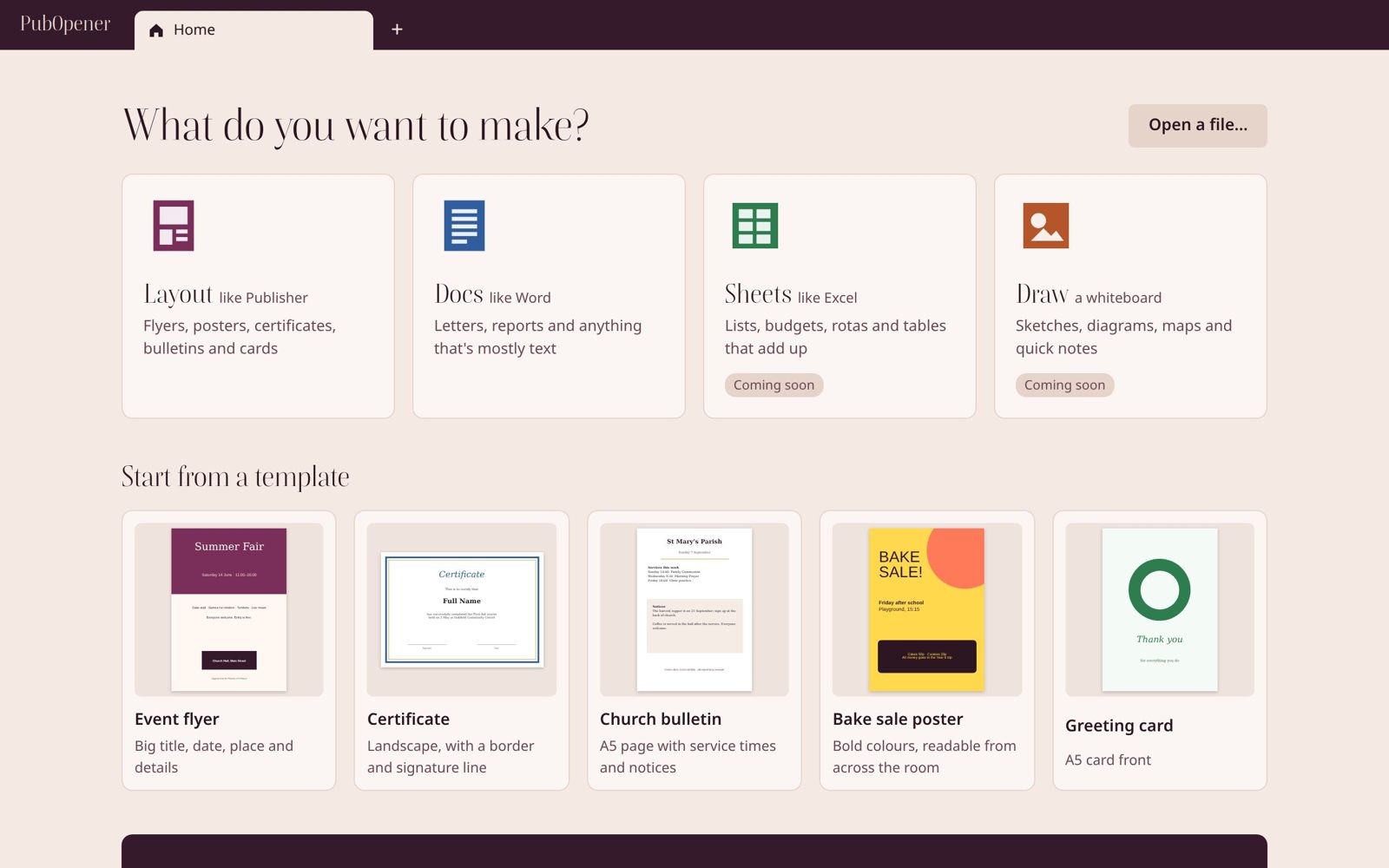 PubOpener's home screen: tiles for Layout, Docs, Sheets and Draw, templates, and a box for opening Publisher files